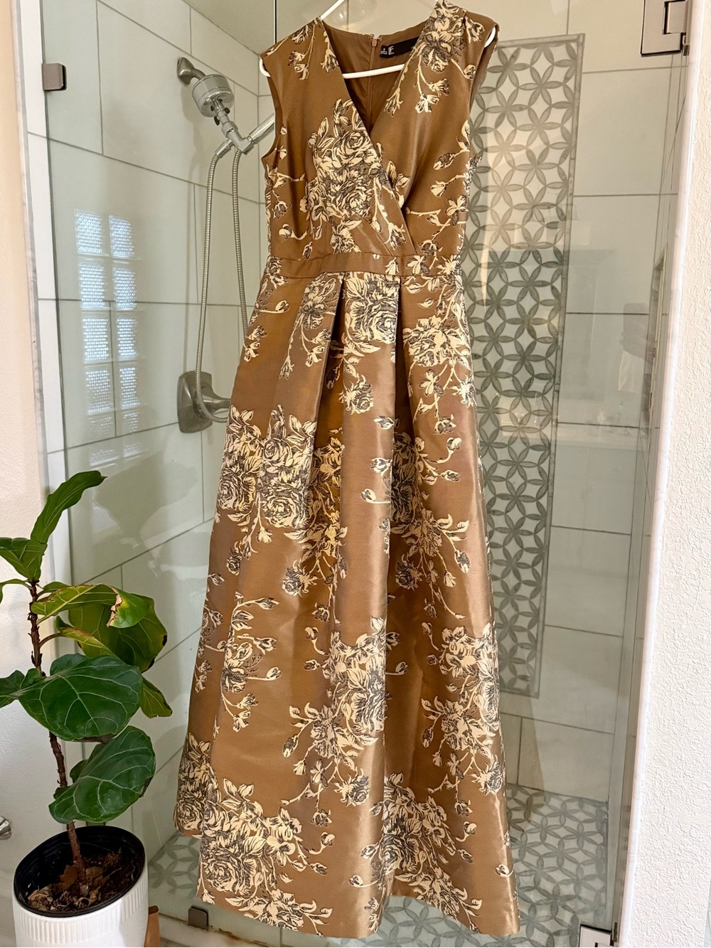 Leslie Fay Bronze and Cream Floral Jacquard Maxi Dress